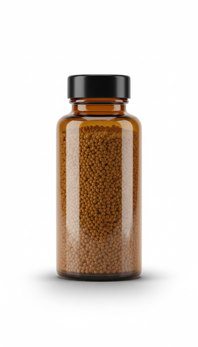 Herbal capsules in amber glass bottle